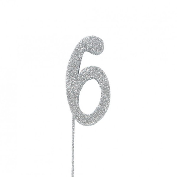 6 Glitter Number Pic Topper - Silver
